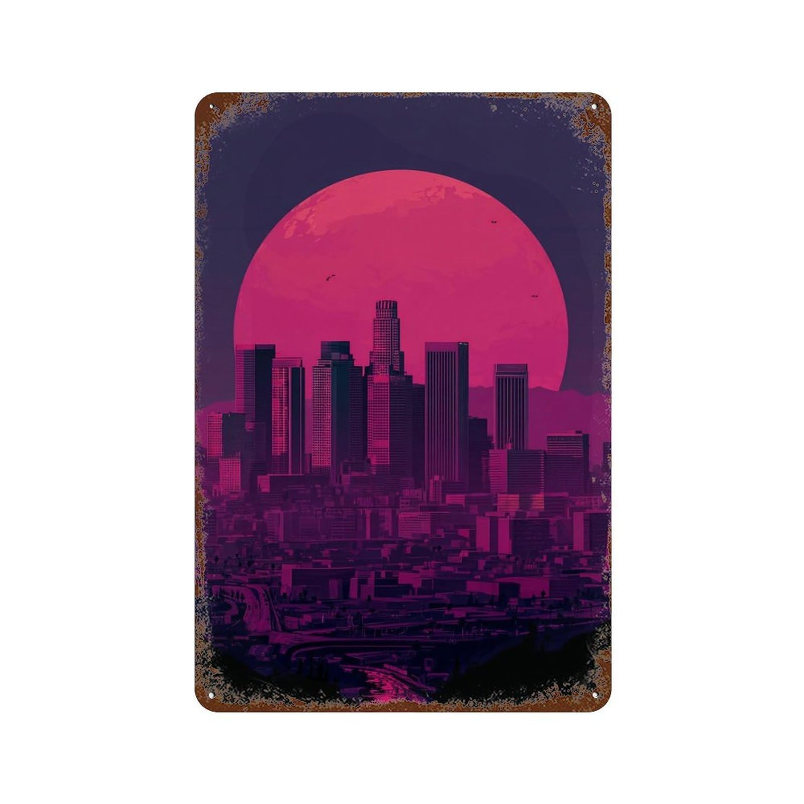 Cityscape with Giant Pink Moon Rust Effect Tin Sign 11.8"x7.9", Farmhouse Wall Decor for Living Room, Hallway And Home Decor