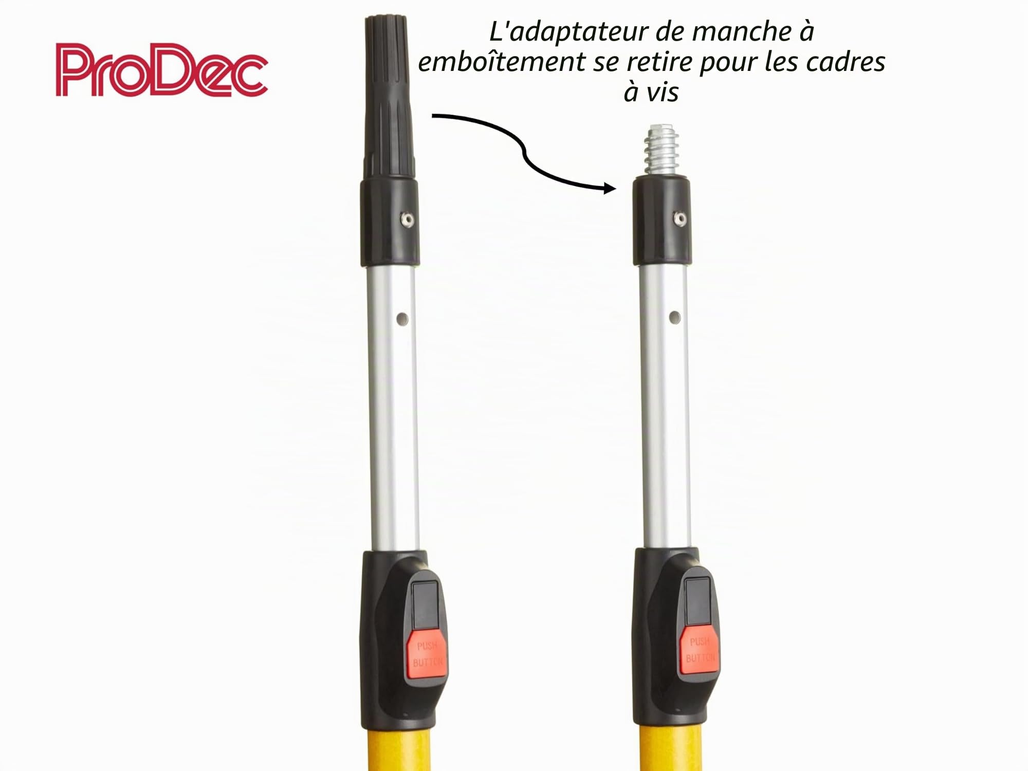 ProDec Manche télescopique 1,2-2,4 m en fibre de verre et aluminium à bouton poussoir pour montures de rouleau, compatible avec les montures à visser et à emboîter