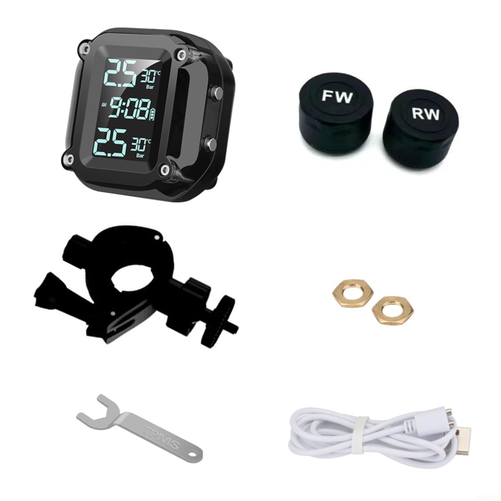 FUBESK Monitoraggio della pressione dei pneumatici, TPMS wireless per moto, monitoraggio in tempo reale, monitor della pressione dei pneumatici, con display LCD e 2 sensori esterni