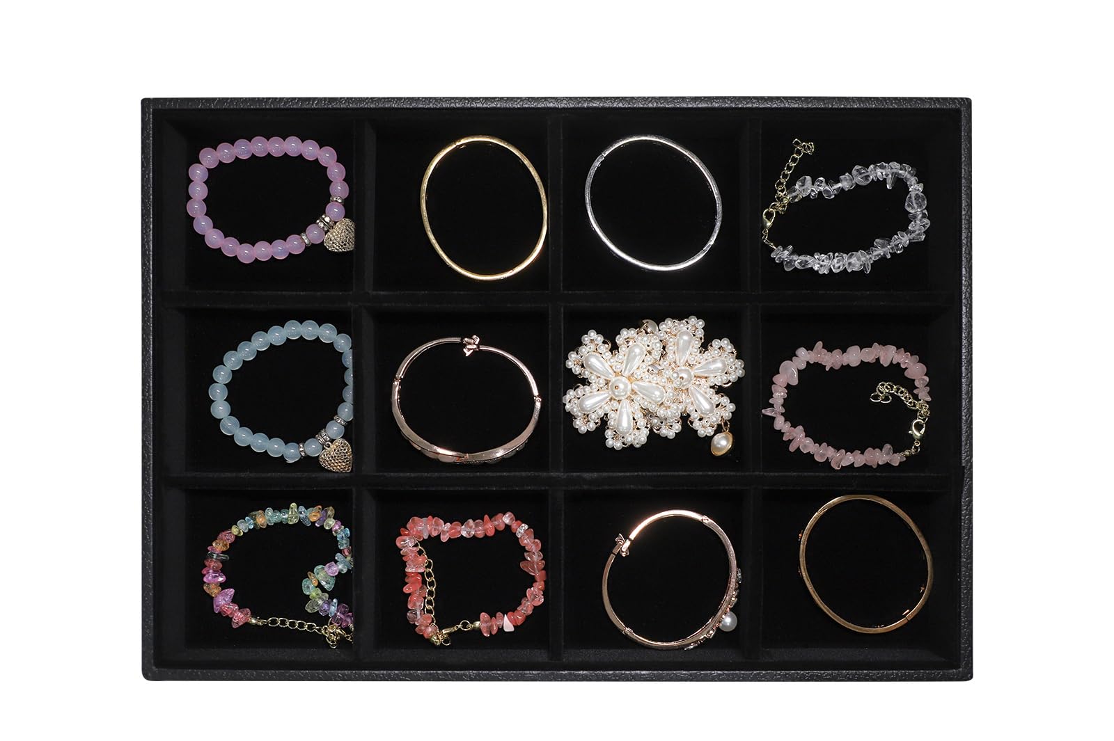 Wuligirl 12 Grid Jewelry Tray Storage Showcase Stackable Display Rings Bracelet Watch Earring Brooch Velvet , Black (12 Grid Jewelry Tray)