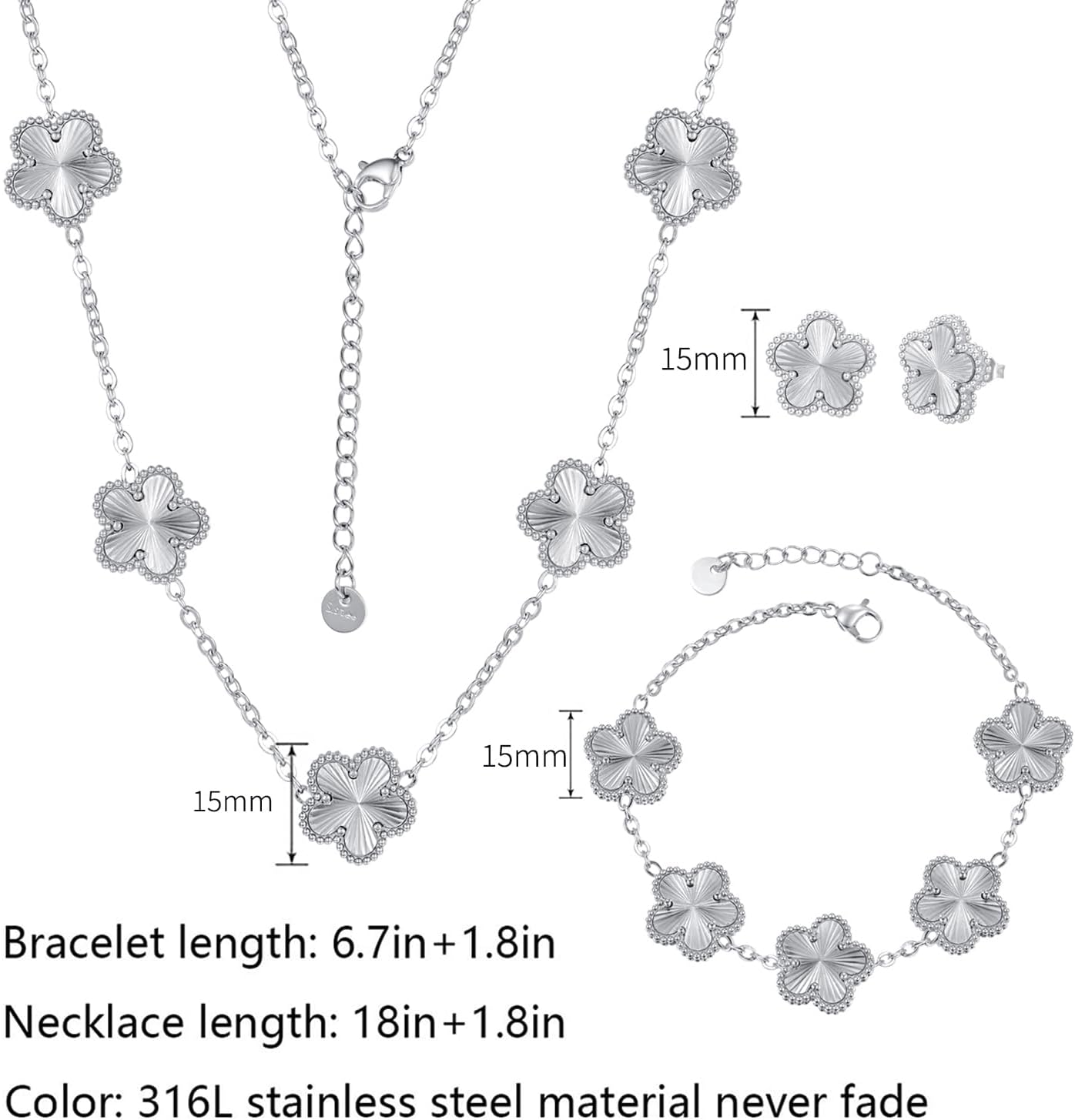 Clover Neckalce Bracelet Earring Set for Women 14K Gold Plated Stainless Steel Four Leaf Clover Jewelry Set - Image 4