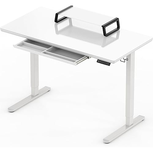 SHW | 48-Inch | Whole-Piece Glass Electric Height Adjustable Desk | Monitor Riser and Drawer Included | White |