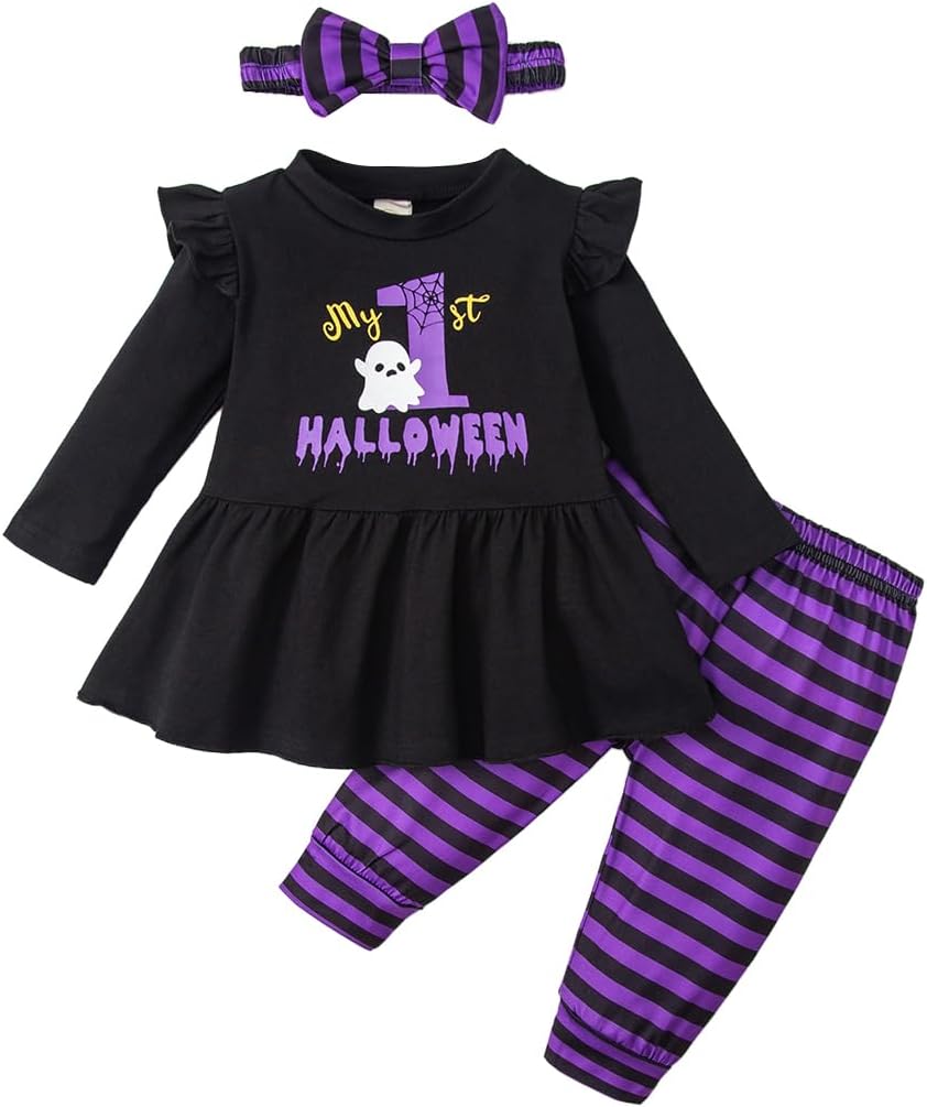 Noubeau My 1st Halloween Baby Girl Outfits Ruffle Pumpkin Print Tunic Drees Shirt Stripe Pants Legging Fall Winter Clothes