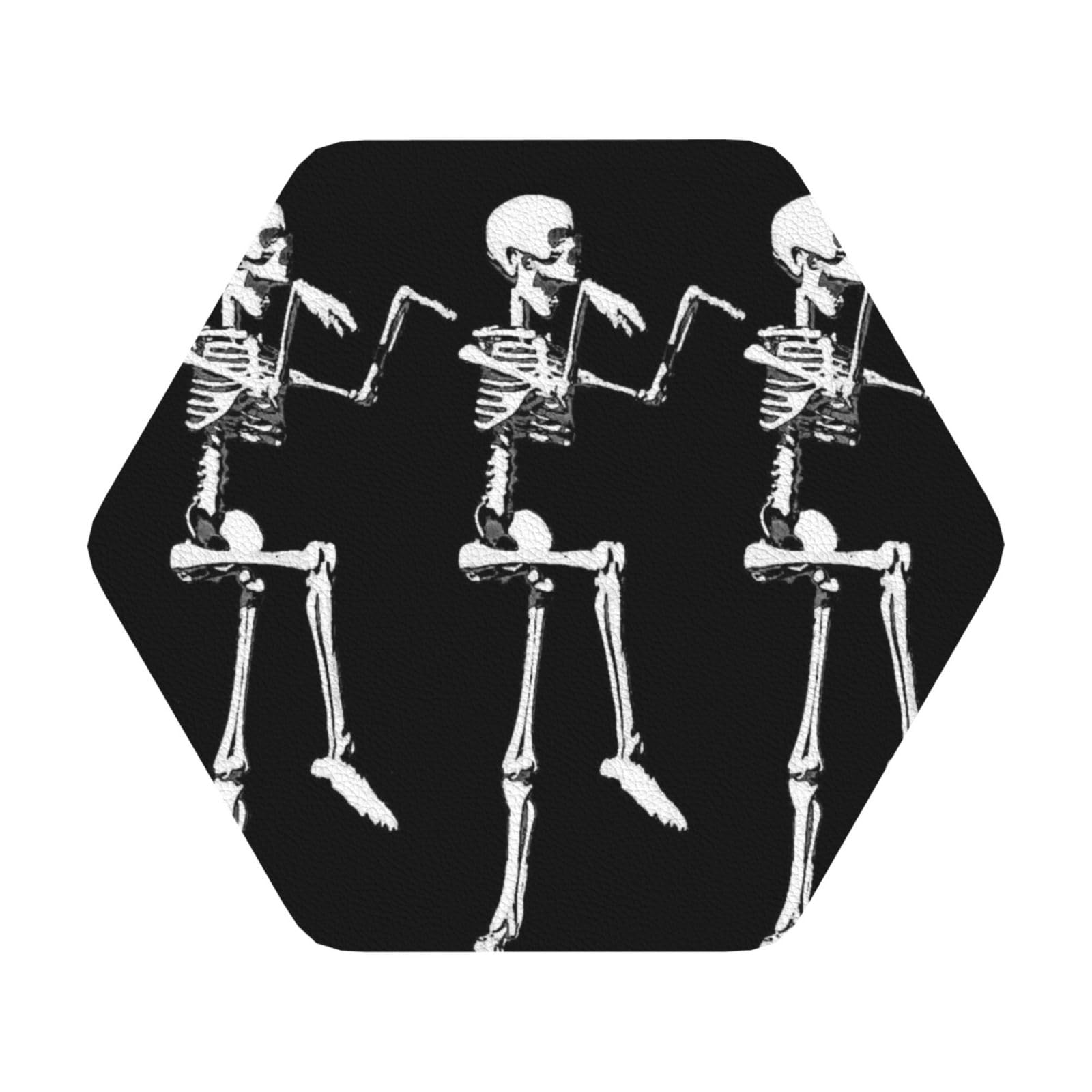 Halloween Posable Skeleton Skull PU Leather Coasters Set of 6 Hexagon Drink Coasters