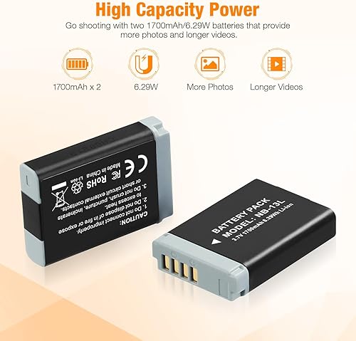 Miniatura 3 de Paquete de 2 baterías NB-13L y cargador de batería dual USB para PowerShot SX720 HS, SX730 HS, SX740 HS, SX620 HS, G1 X Mark III, G5 X, G7 X, G7 X