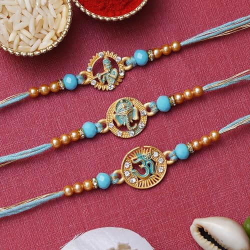 Image of eCraftIndia Set of 3 Multicolor Semi Precious Designer Rakhis for Brother Bhaiya Bhai | Roli Chawal Pack