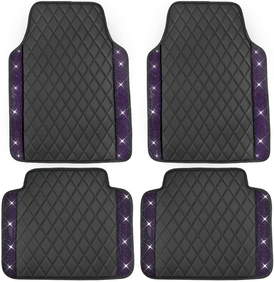 Universal Car Floor Mats,Faux Black Leather with Pink Diamond Carpet Glitter Crystal Rhinestones All Weather Waterproof Auto Liners Foot Pads Set