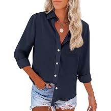 Womens Button Down Shirts Cotton Dress Shirts Oxford Shirts Long Sleeve Work Blouses Collared Tops Tunics with Pocket-Navy Blue L