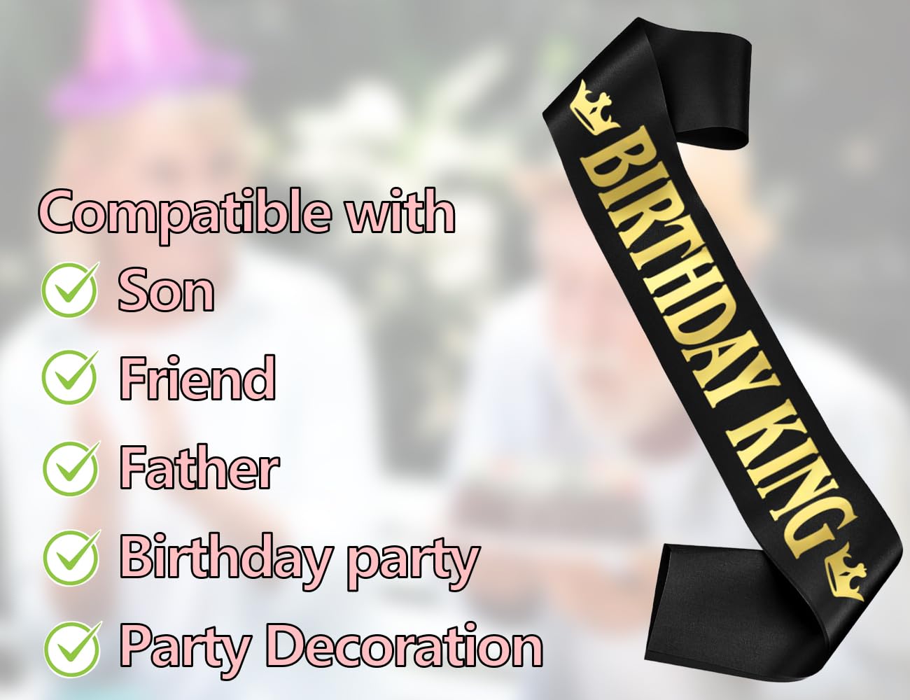 KAPSING Birthday King szarfa urodzinowa, męska szarfa urodzinowa, dekoracja urodzinowa, Boy Sash czarna, baner z okazji urodzin, dekoracja na przyjęcia urodzinowe