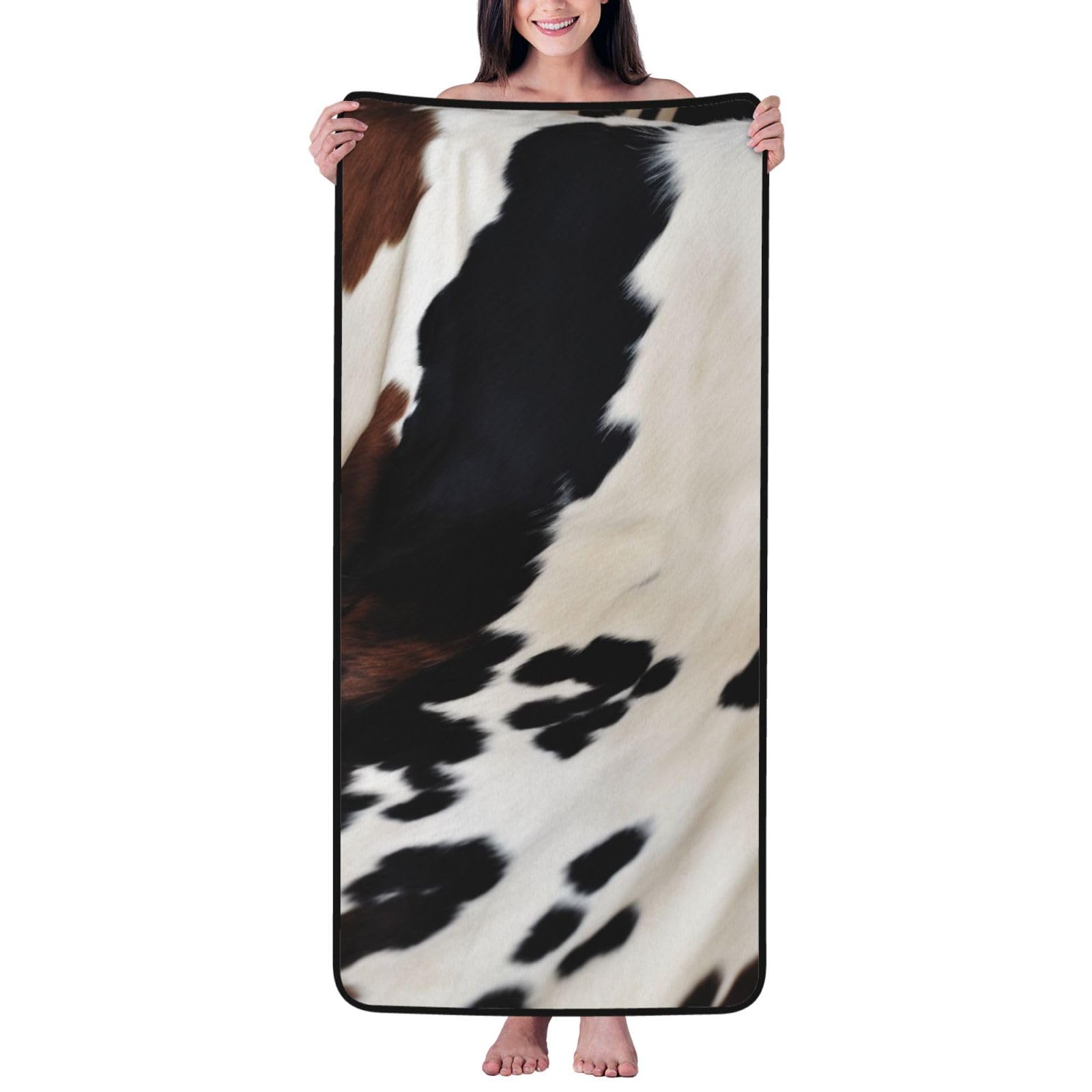 WPKJU Cowhide Printed Bath Towel with Black Edging - 27x55 in Soft Extra Absorbent Coral Velvet Shower Towels for Bathroom