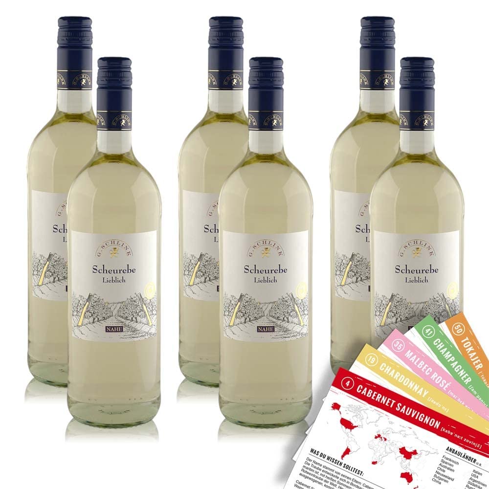 G.Schlink Scheurebe QbA, lieblich, sortenreines Weinpaket + VINOX Winecards (6x1,0l)