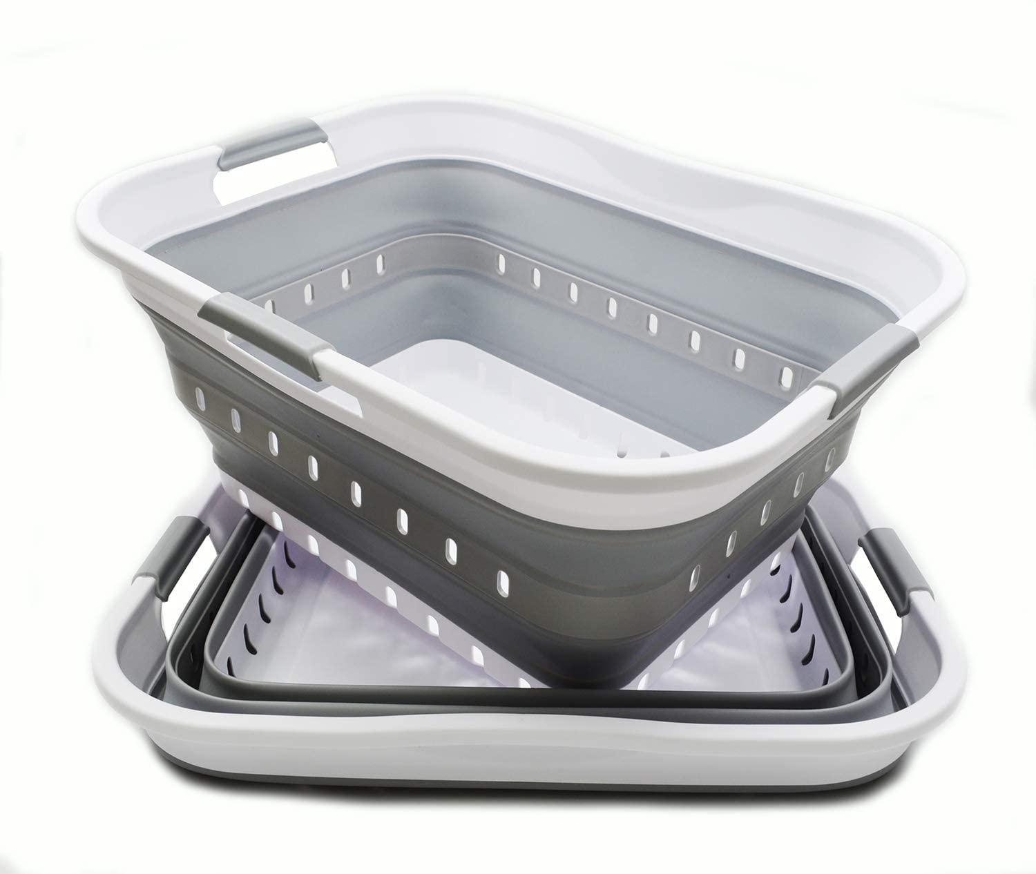 SAMMART Collapsible Plastic Laundry Basket 41L - Foldable Pop Up Storage Container/Organizer - Portable Washing Tub - Space Saving Hamper/Basket (2, White/Grey)