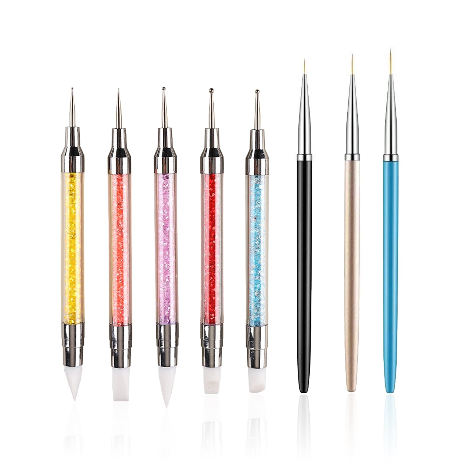 FULINJOY 8pcs Nail Art Design Tools, 5PCS Dual-Ended Nail Art Sculpture Pen Dotting Tools with 3PCS Nail Liner Brushes, Silicone Nail Polish Brushes Stainless Steel Carving Drawing Tool