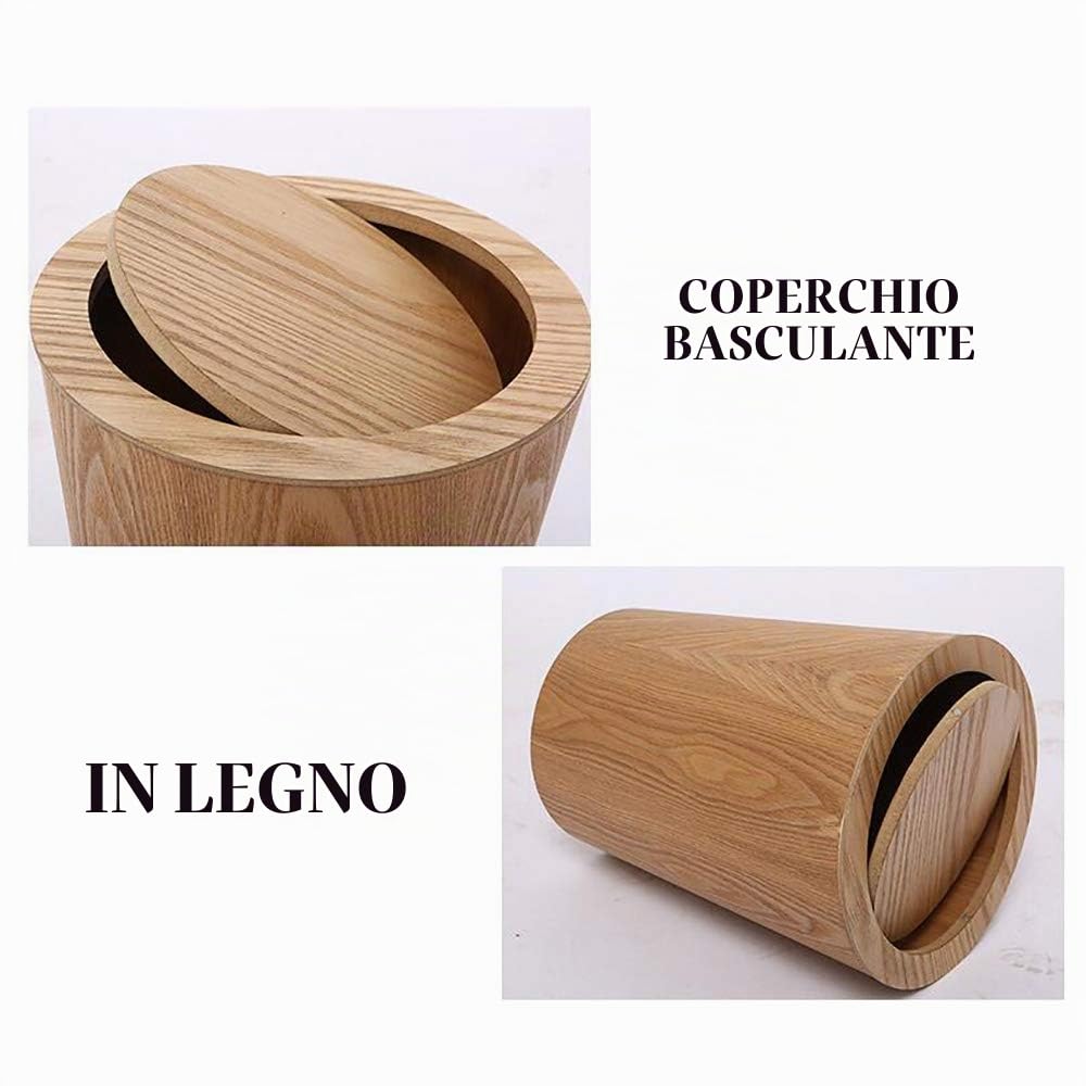 Pattumiera in Legno con Coperchio a Battente, pattumiera da Cucina Rotonda, Cestino per rifiuti Piccolo Giapponese per Ufficio Bagno Soggiorno A 19x19x30 cm (7x7x12 Pollici)