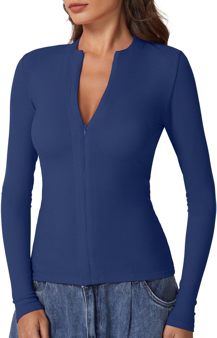 QINSEN Long Sleeve Shirts for Women Crewneck Half Zipper Ribbed Knit Going Out Tops Full Length Basic Tee