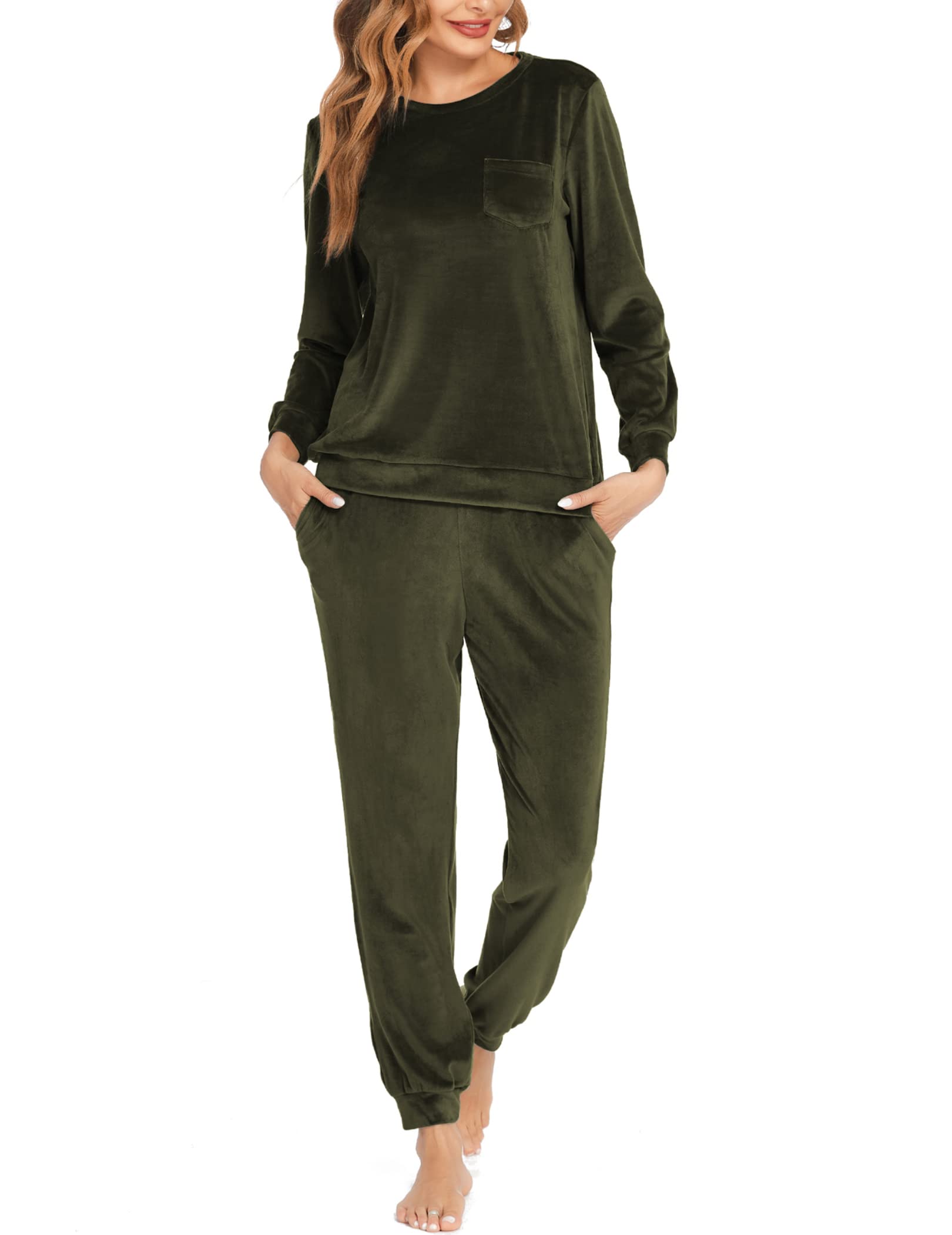 EkouaerWomens Pajamas Sets Long Sleeve Soft Warm Sleepwear 2 Piece Velvet Pjs Lounge Sets with Pockets