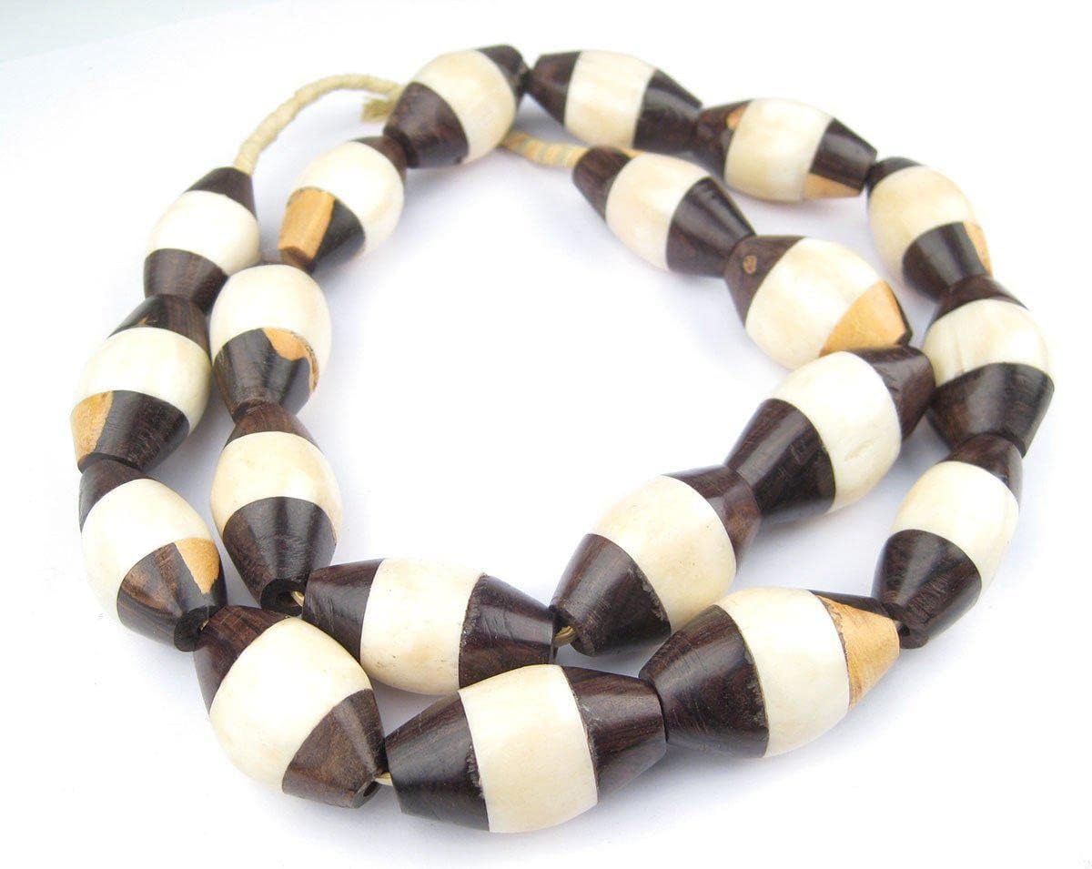 The Bead Chest Multicolor Inlaid Ebony & Bone Tanzanian Bicone Beads 23mm African Wood Large Hole 34 Inch Strand Handmade