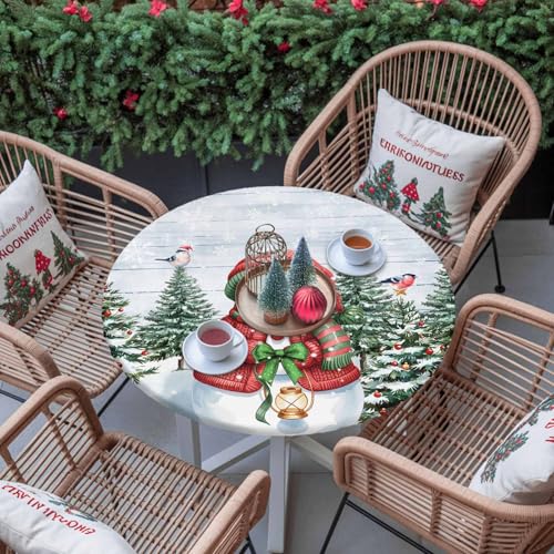 Fitted Tablecloth for Round Table,Snowman Christmas Tree Table Cover with Elastic Edge Waterproof Tablecloth,Winter Snowflake Pine Cones Farm Plank Circle Covers for Kitchen 36-44in – Image 4