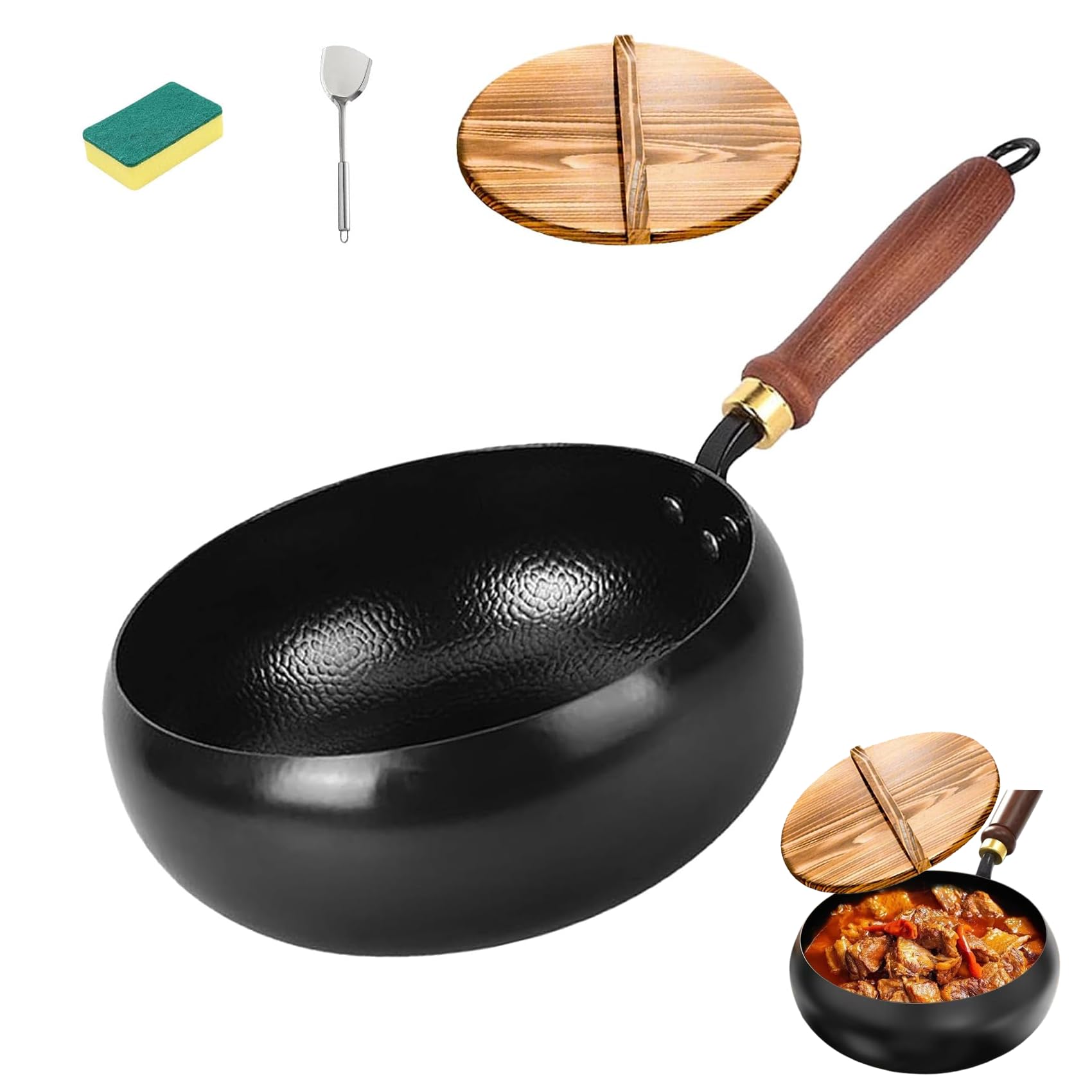 DZ'HUE Tsubame Sanjo Pfanne, Japanische Eisenpfanne, unbeschichtet, dickwandiger Eisentopf, schnell erhitzender Gusseisen-Wok, Holzgriff, geeignet für Gasherd und Induktionskochfeld (24cm)