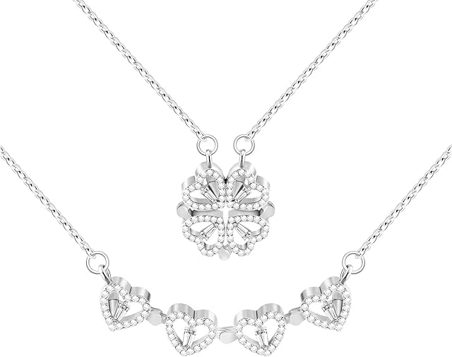 VU100 2 in 1 Four Leaf Clover Necklace Charm Lucky Delicate Necklace Heart Magnetic Pendant Crystal Sparkle Necklace Jewellery Gift for Women Girlfriend (Silver/Gold)