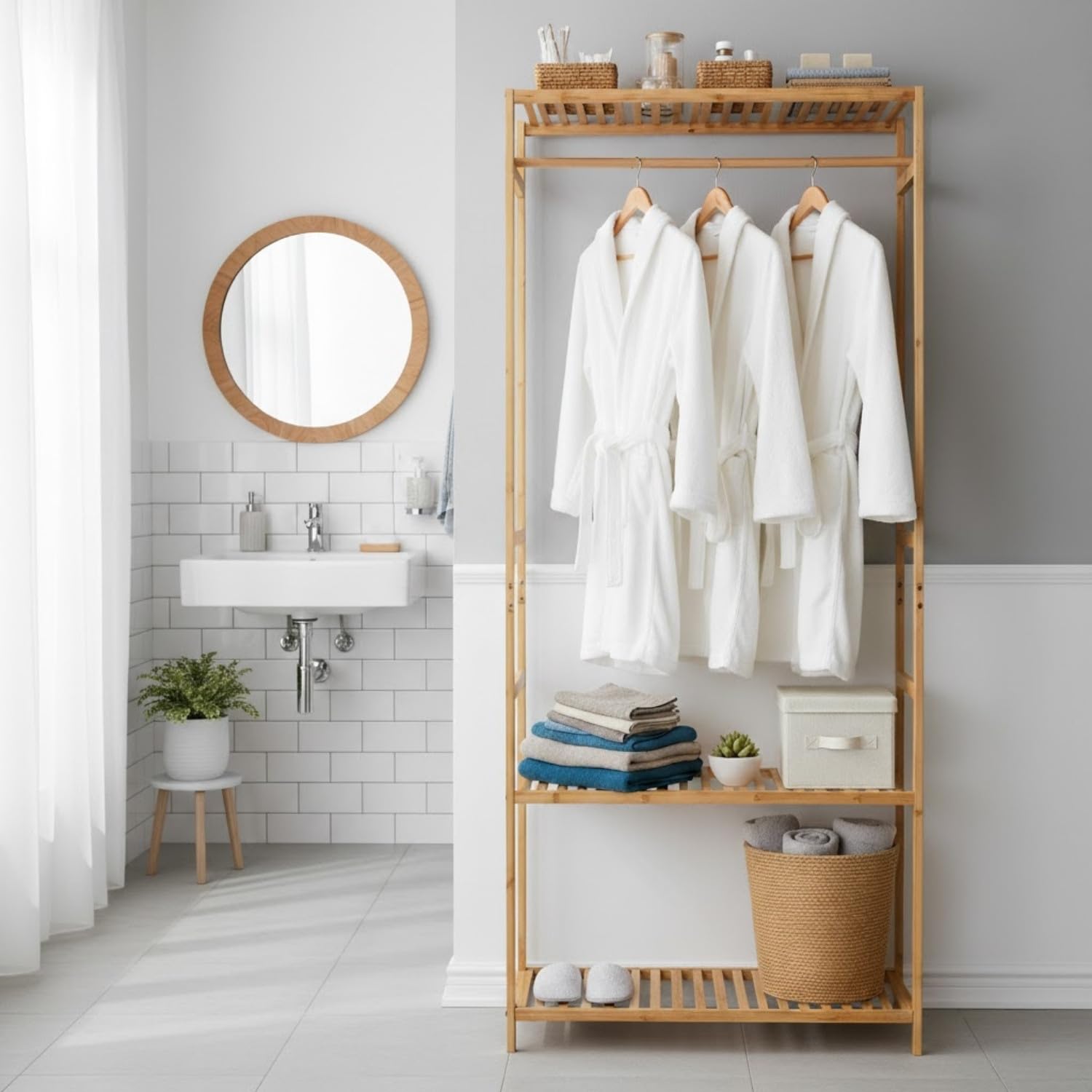 THINIA HOME - Perchero de Pie de Bambú Natural con Barra para Ropa y 2 Estantes Abiertos, Organizador de Entrada, Dormitorio o Recibidor, Estilo Nórdico, 68x36x160 cm