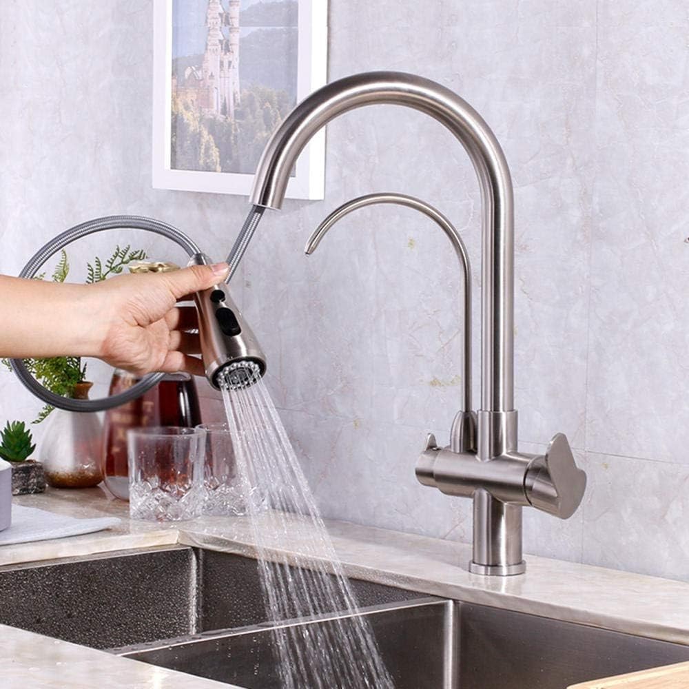 Rubinetto da Cucina 3 in 1 in Acciaio Inox Spazzolato, Acqua Fredda, Girevole, Purificatore d'Acqua.