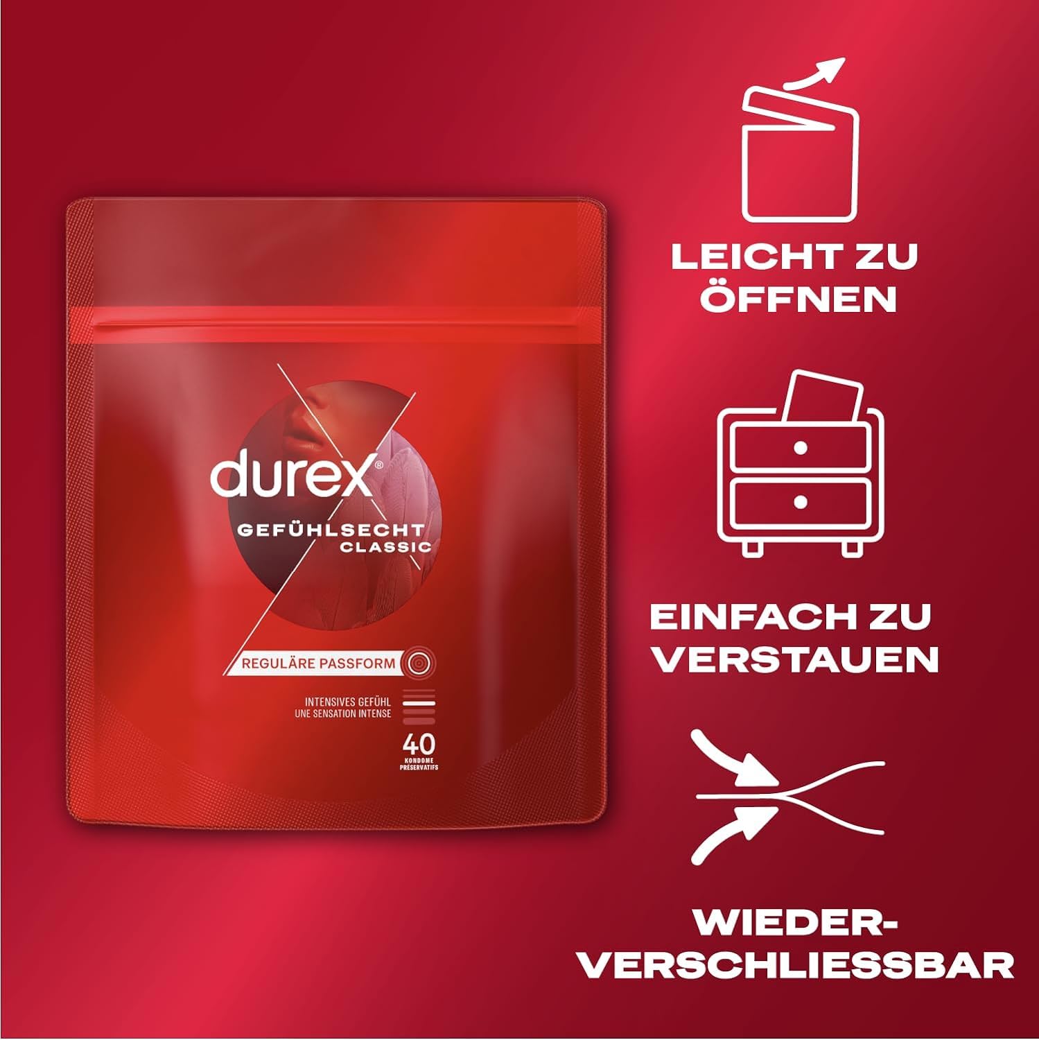 Durex Gefühlsecht Classic Kondome – Dünne Kondome mit anatomischer Easy-On-Form & mit Silikongleitgel befeuchtet – 40er Pack (1 x 40 Stück)