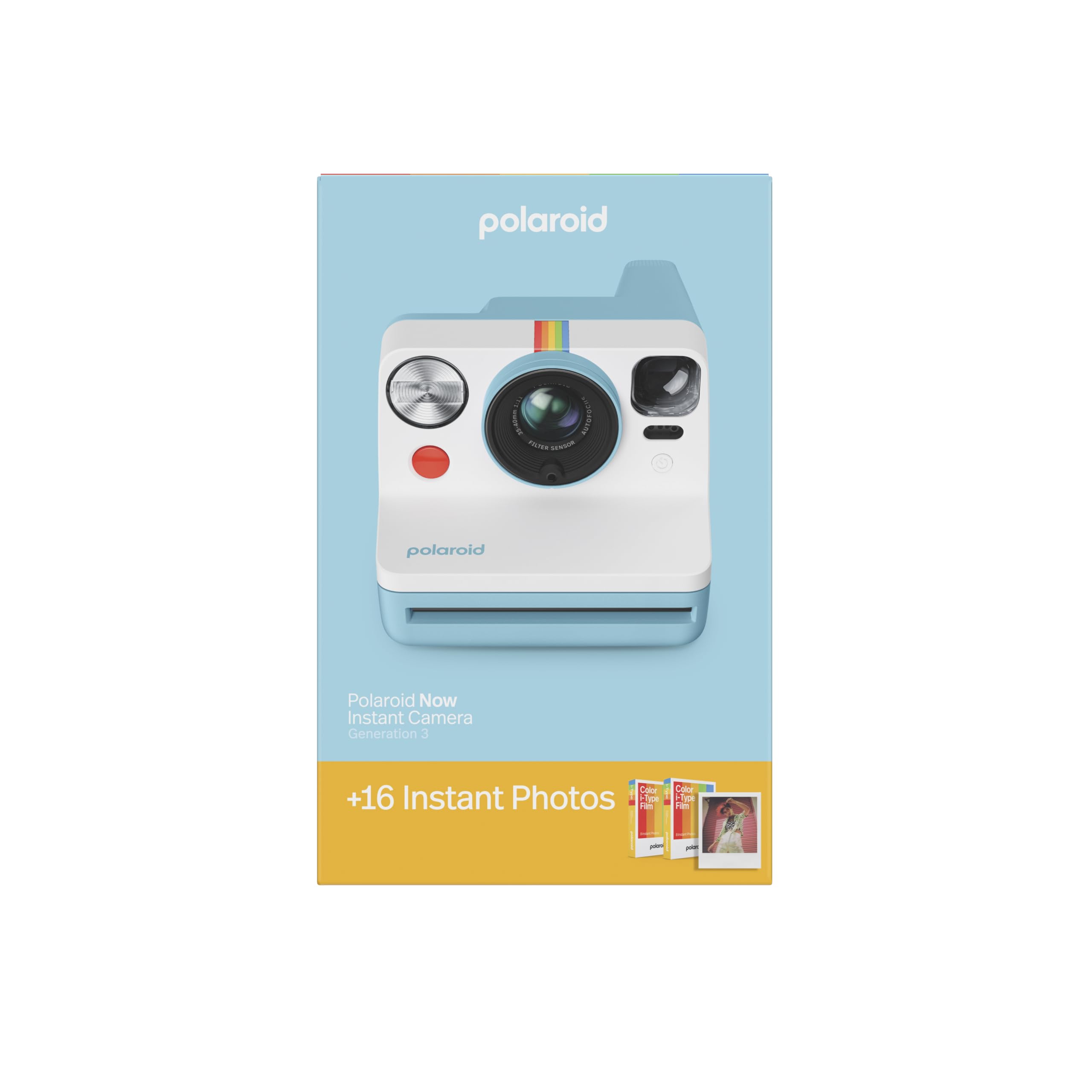 Polaroid Now 3rd Generation I-Type Instant Camera + Film Bundle - Now Black Camera + 16 Color Photos (6560): Camera + Film Artic Blue