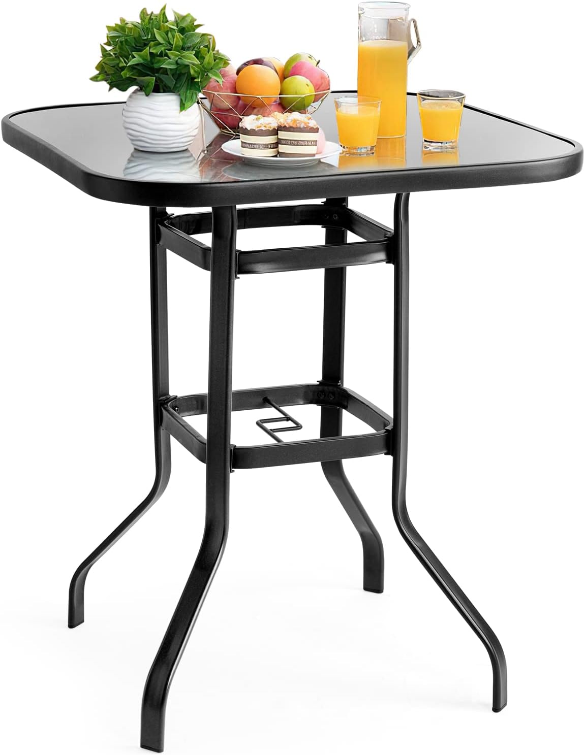 Aoxun Bar Height Patio Table - Outdoor Bar Table with Umbrella Hole, Metal Frame Tempered Glass Table High Top, 31.5" x 31.5" Bar Table Suitable for Bar Stool, Brown&Black : Everything Else