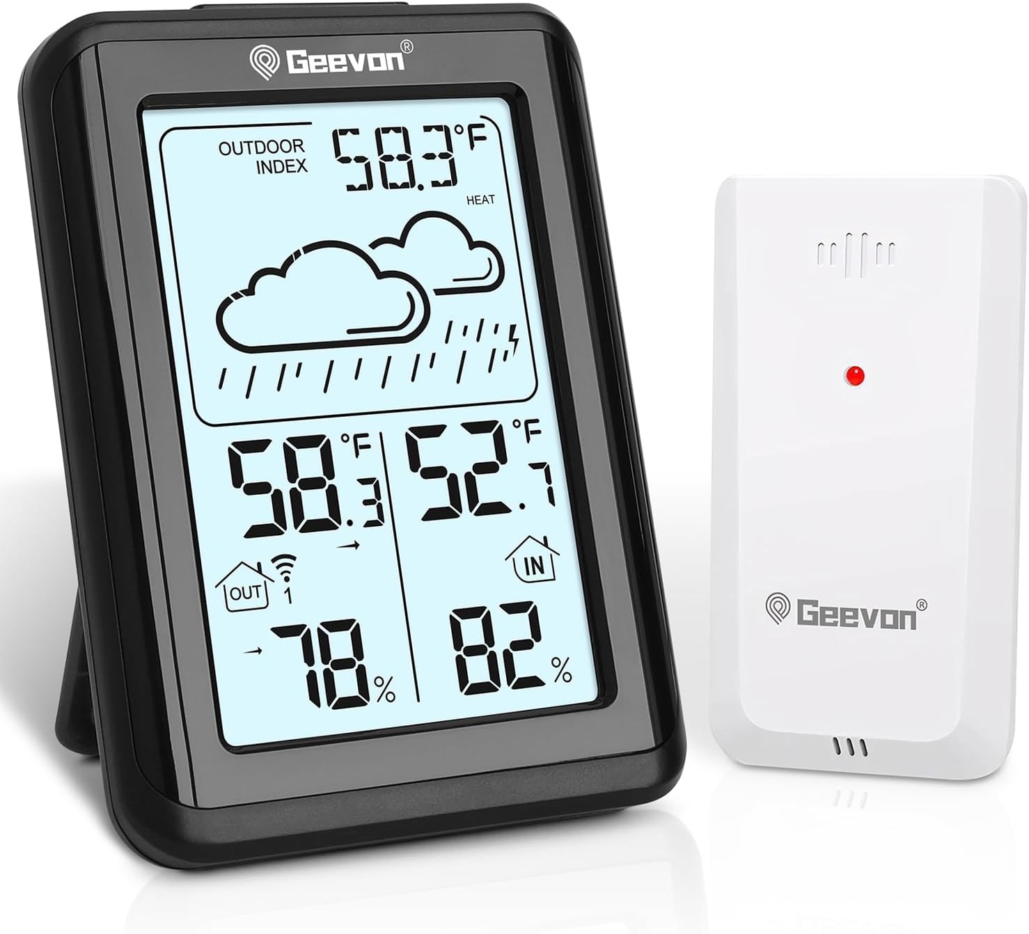 Geevon Indoor Outdoor Thermometer Wireless 200ft/60m, Digital Temperature Humidity Monitor with Large Display, Hygrometer with Weather, 3 Channel, Mold/Dew/Heat, 10s Backlight