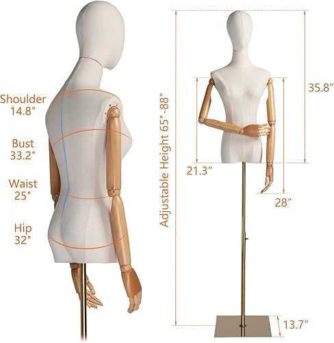 Miniatura 2 de Bonnlo Forma de vestido con cabeza y brazos de madera articulados, torso de maniquí ajustable en altura, modelo de exhibición de ropa femenina con