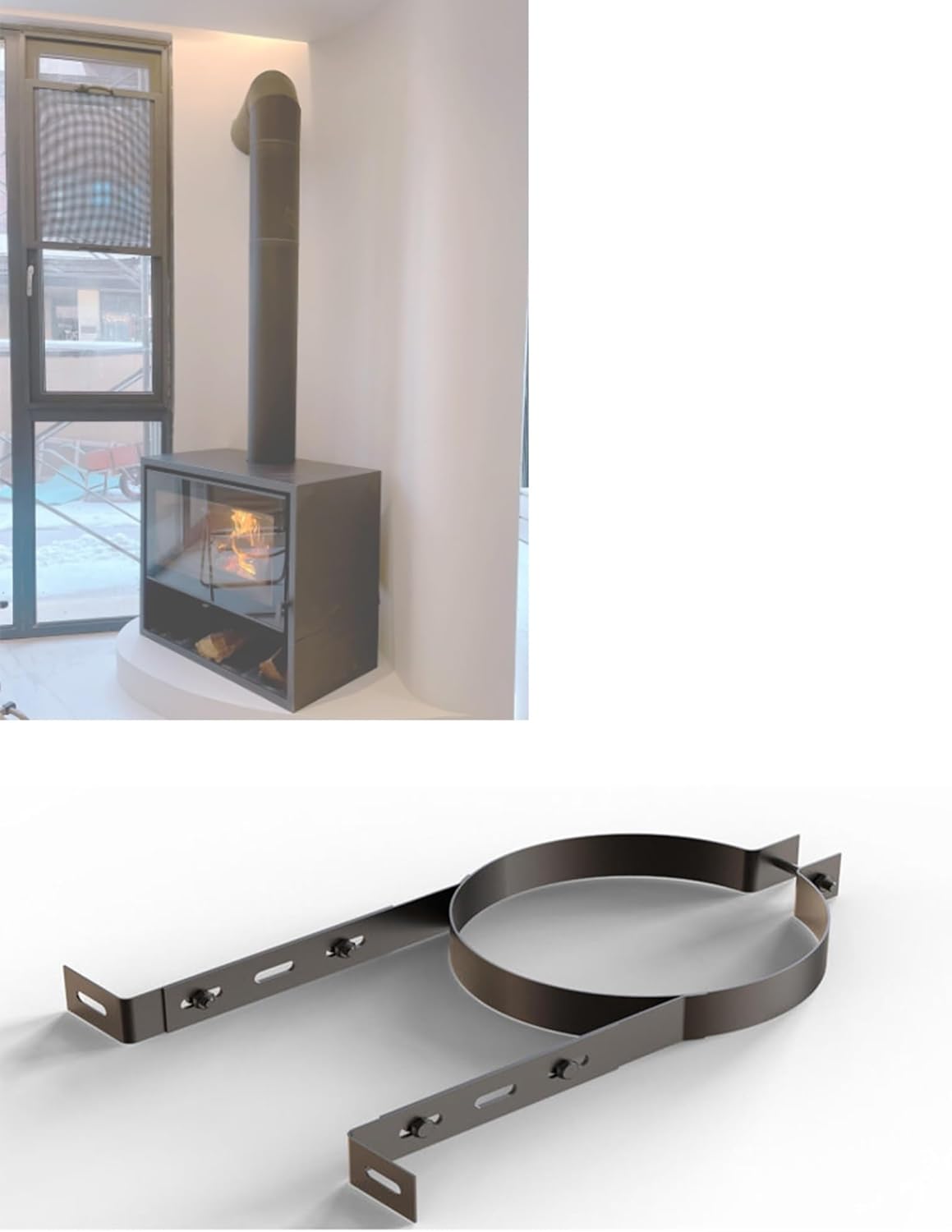 Adjustable Stainless Steel Chimney Support Bracket - Durable Flue Liner Clamp & Stove Pipe Hanger for Log Cabins, Boiler Rooms - Wall Mount (Black, 4.3in/11cm)