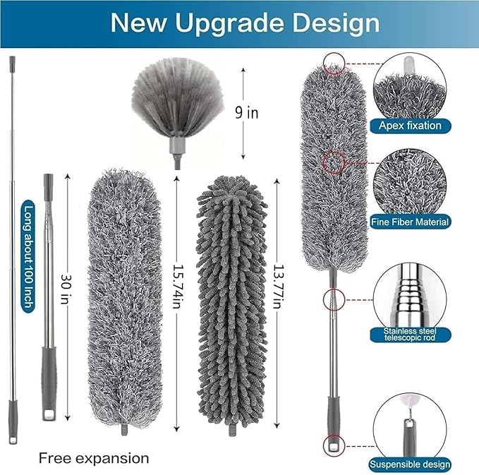 Image of 3 in 1 Microfiber Feather Duster 4PCS Set - Extendable Pole up to 100 Inches, Bendable & Washable Cleaning Brush for High Ceiling Fans, Cobwebs, Furniture & Home Dusting