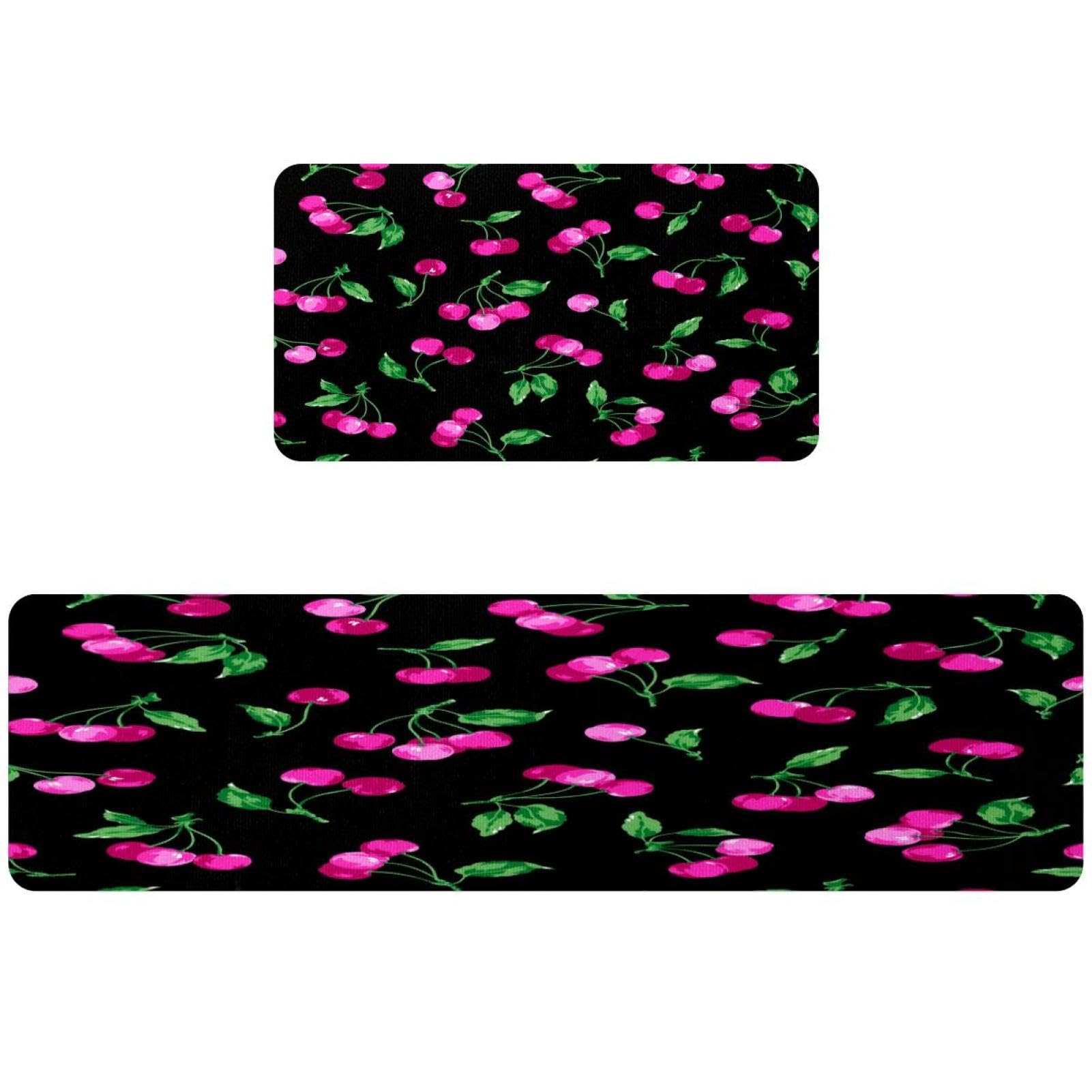 Tapete de cocina de 2 piezas negro con cerezas, alfombra lavable y absorbente