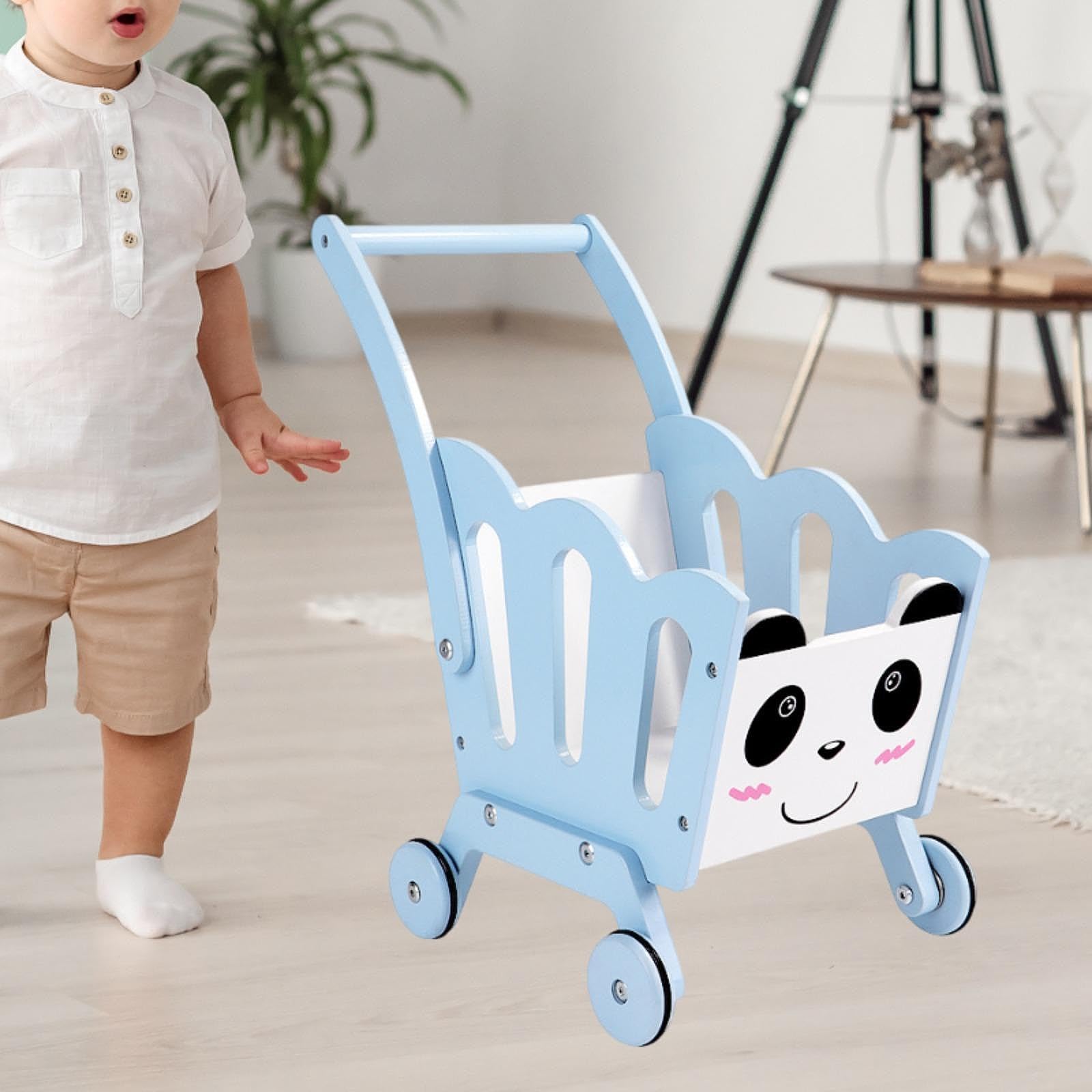 Einkaufswagen Kinder Spielzeug Lauflernhilfe Holzspielzeug Aufbewahrung Organizer für Rollenspiel Lernspielzeug Kinderzimmer, Blau