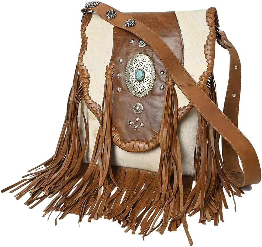American Darling Messenger Bag Western Hair-On Cowhide Genuine Leather Handcrafted Purse with Fringes and Turquoise Stone