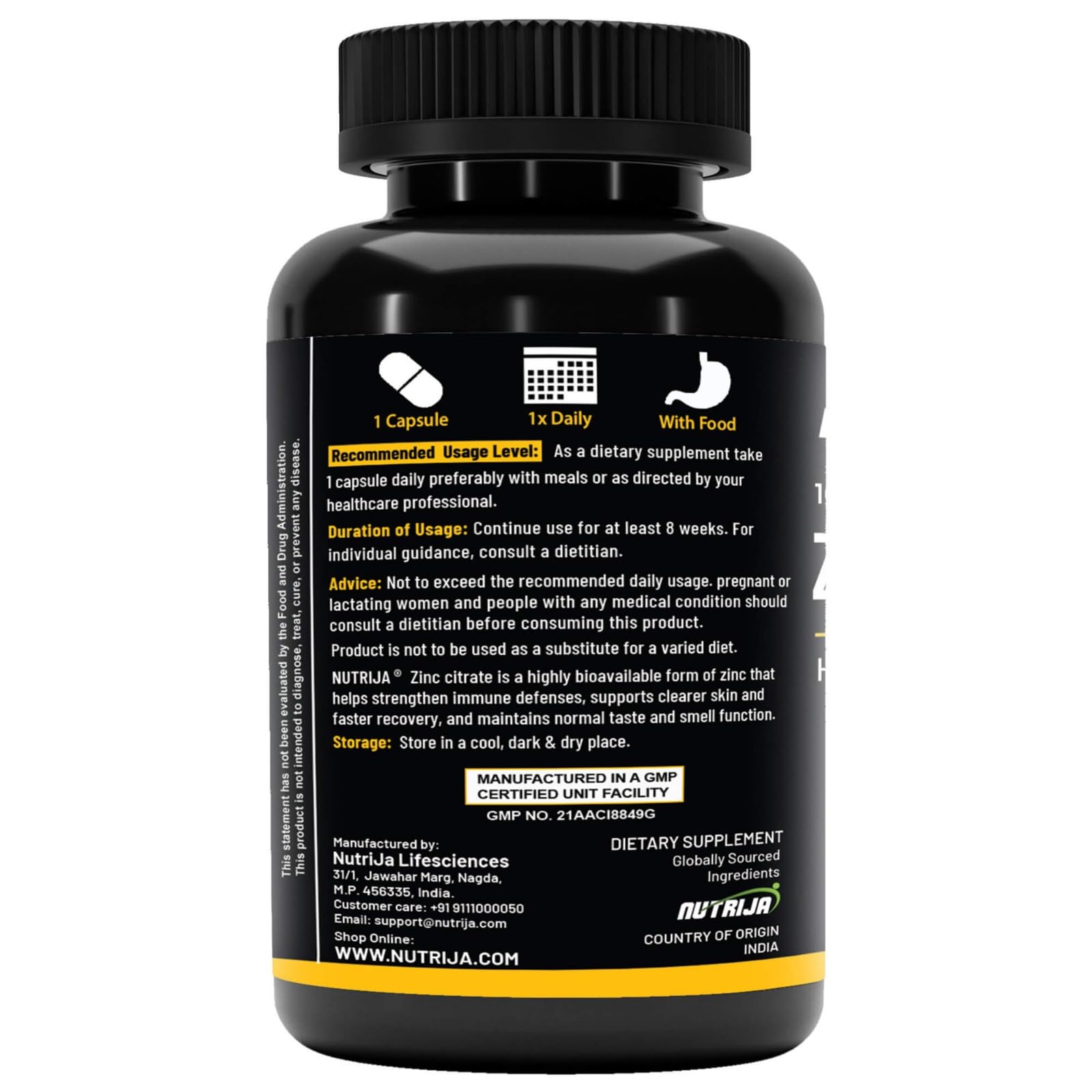 NutriJa Zinc Citrate 56mg (17mg Elemental Zinc) with Vitamin C 40mg | Immune Support, Skin & Hair Health | 120 Veg Capsules — Amazon image 3