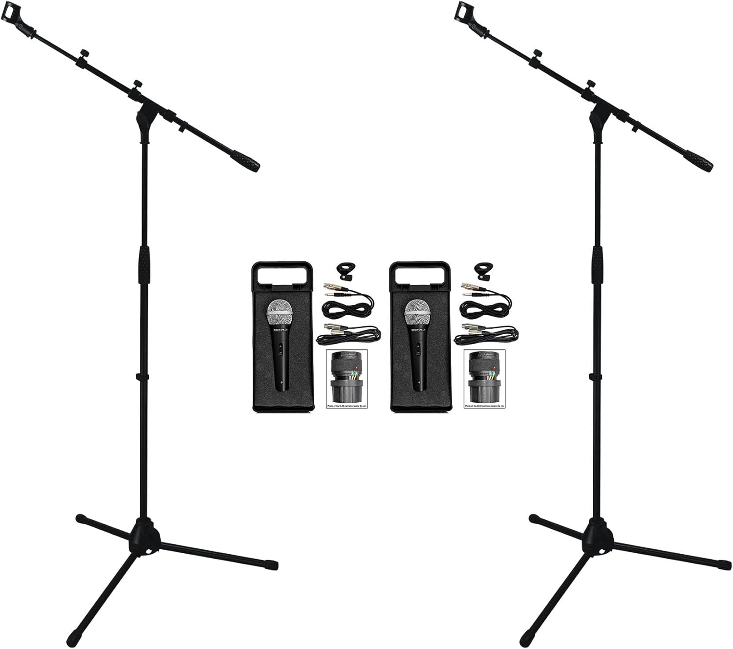 Rockville RMC-XLR Bundle: (2) High-End Metal Handheld Wired Microphones with 100% OFC Cables, (2) RVMIC1 V2 Pro Tripod Microphone Stands, Adjustable Boom, Mic Clips, 4-items