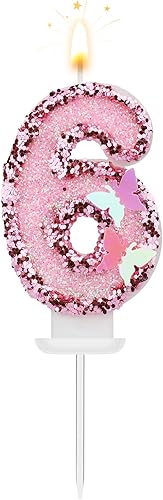 Velas de números de cumpleaños de 3 x 2 pulgadas, velas de números con purpurina, velas de cumpleaños de mariposa rosa con lentejuelas para