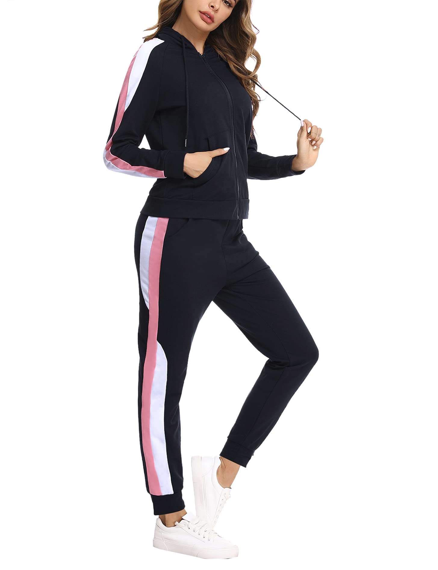 Litherday Jogginganzug Damen Lang Freizeitanzug Streifen Trainingsanzug Frauen Baumwolle Sportanzug mit Taschen, Marine, S