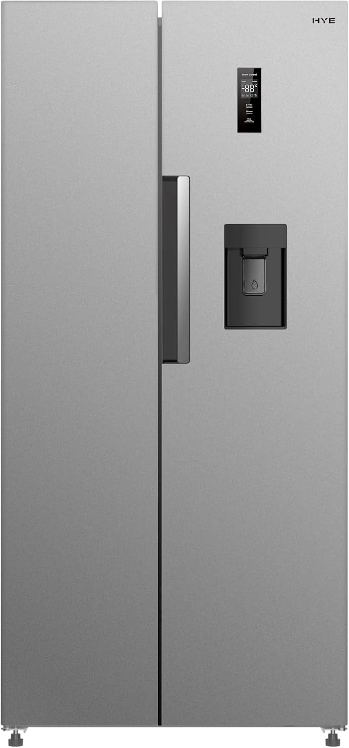 HYE American Fridge Freezer - Side By Side American Style Fridge Freezer With Water Dispenser, No Frost, 444L Freestanding Design, Low Noise (39dB), Cool Silver Finish - RF01AMWD460S03