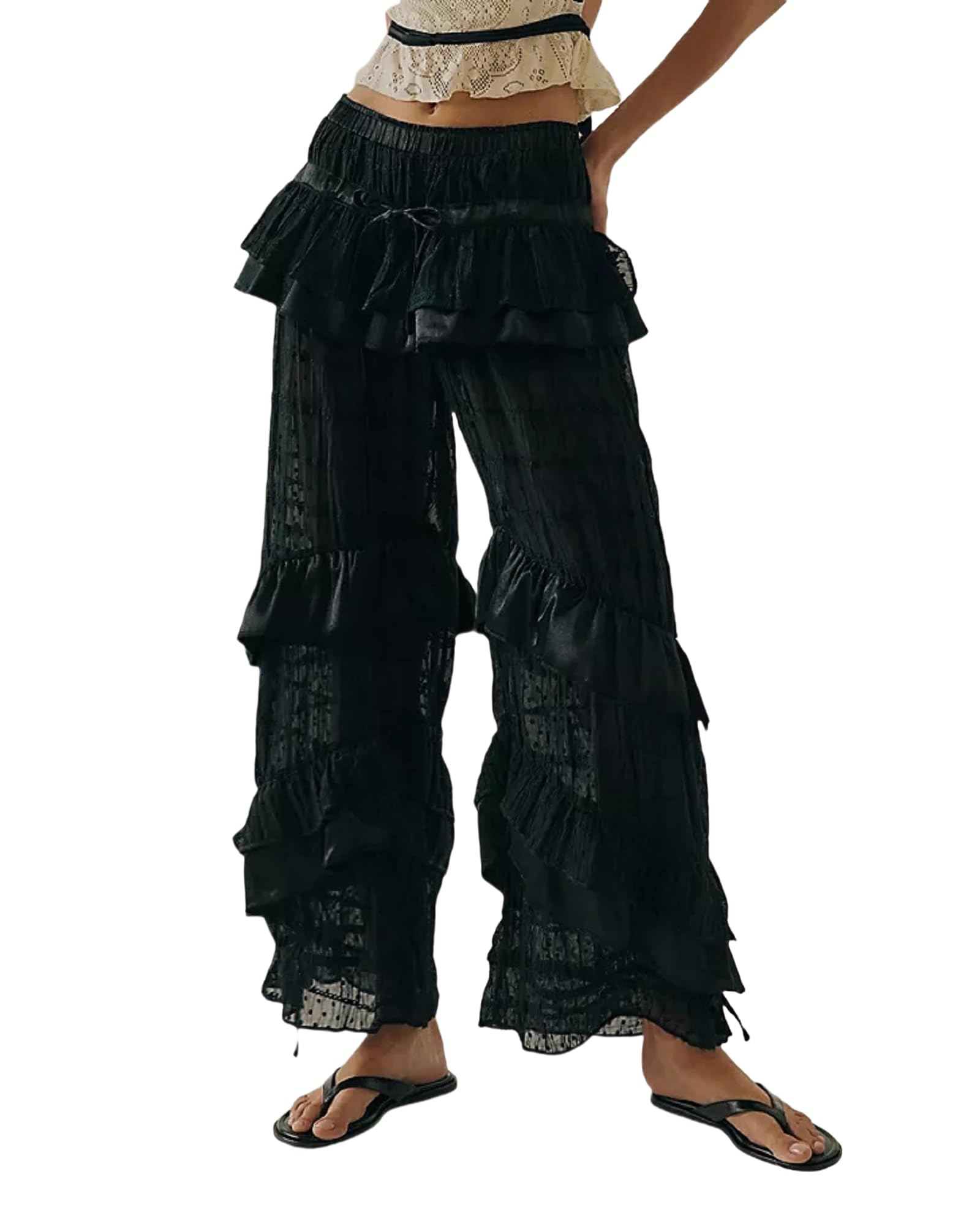Women Lace Trim Long Bloomers Ruffle Pantaloons Culottes