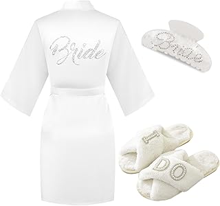 Bride to Be Gift Set, I Do Bride Slide Slippers, Bride Robe Bangle Earrings Necklace Hair Claw Bride Patch MRS Cosmetic Bag