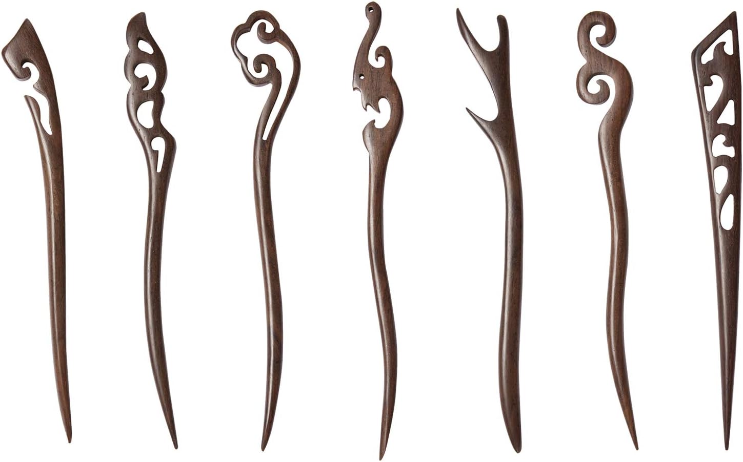 Lawie 7 Pack Handmade Chinese Japanese Black Wood Hair Pins Picks Wooden Carved Long Fork Pen Hairpins Sticks Clips Barrettes for Hair Bun