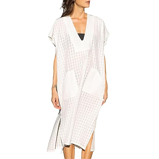 Bsubseach Women Plaid Swimsuit Cover Up V Neck Kaftan Dresses Caftan Maxi Dress