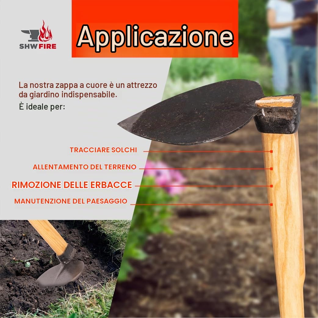 SHW-FIRE 59001 - Zappa da giardino a forma di cuore, larghezza 18 cm, in acciaio forgiato con manico in frassino lungo 135 cm