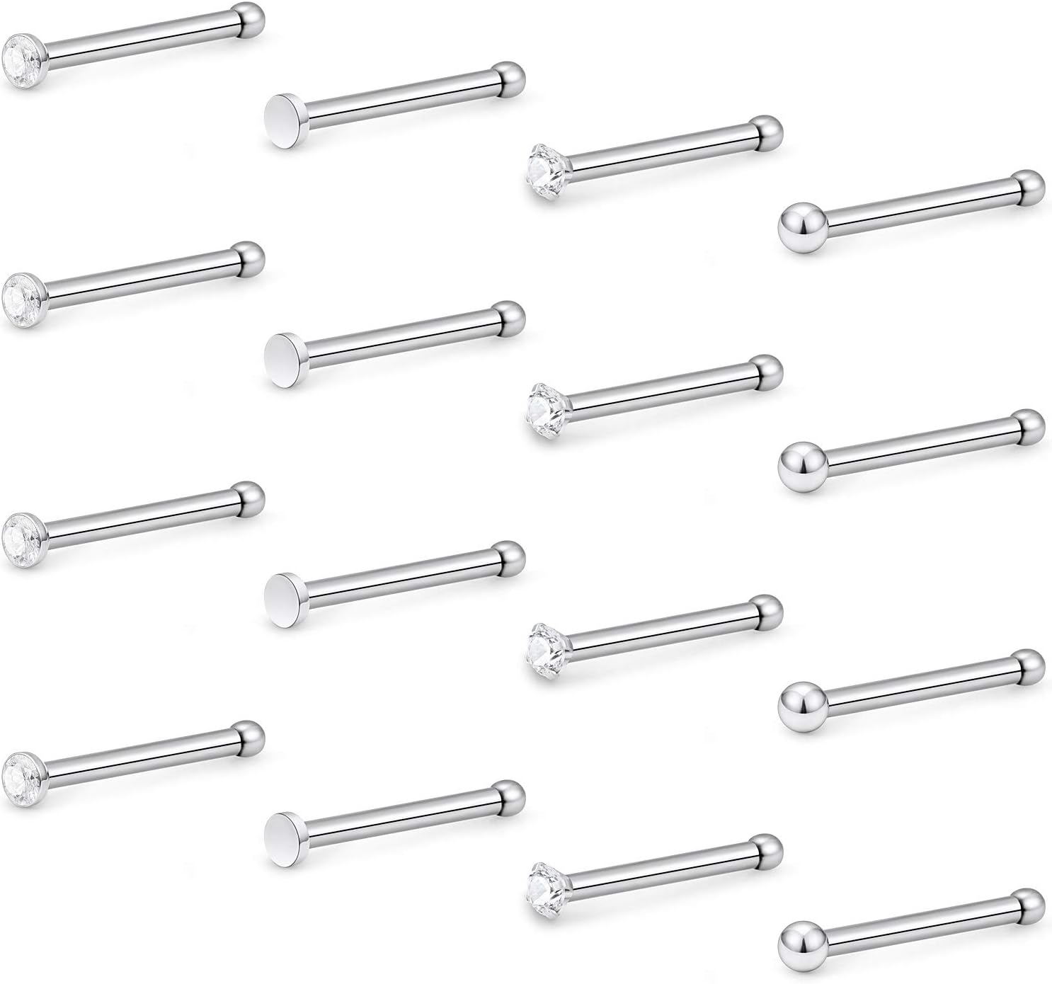 Hoeudjo 16Pcs Nose Rings 18G Nose Studs Surgical Steel 1.5MM Clear Crystal Nostril Ring Body Piercing Jewelry for Women Men
