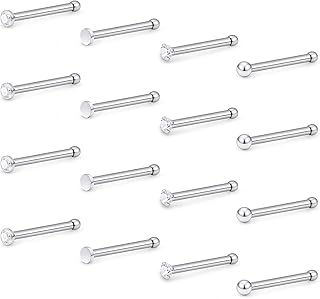16Pcs Nose Rings 18G Nose Studs Surgical Steel 1.5MM Clear Crystal Nostril Ring Body Piercing Jewelry for Women Men