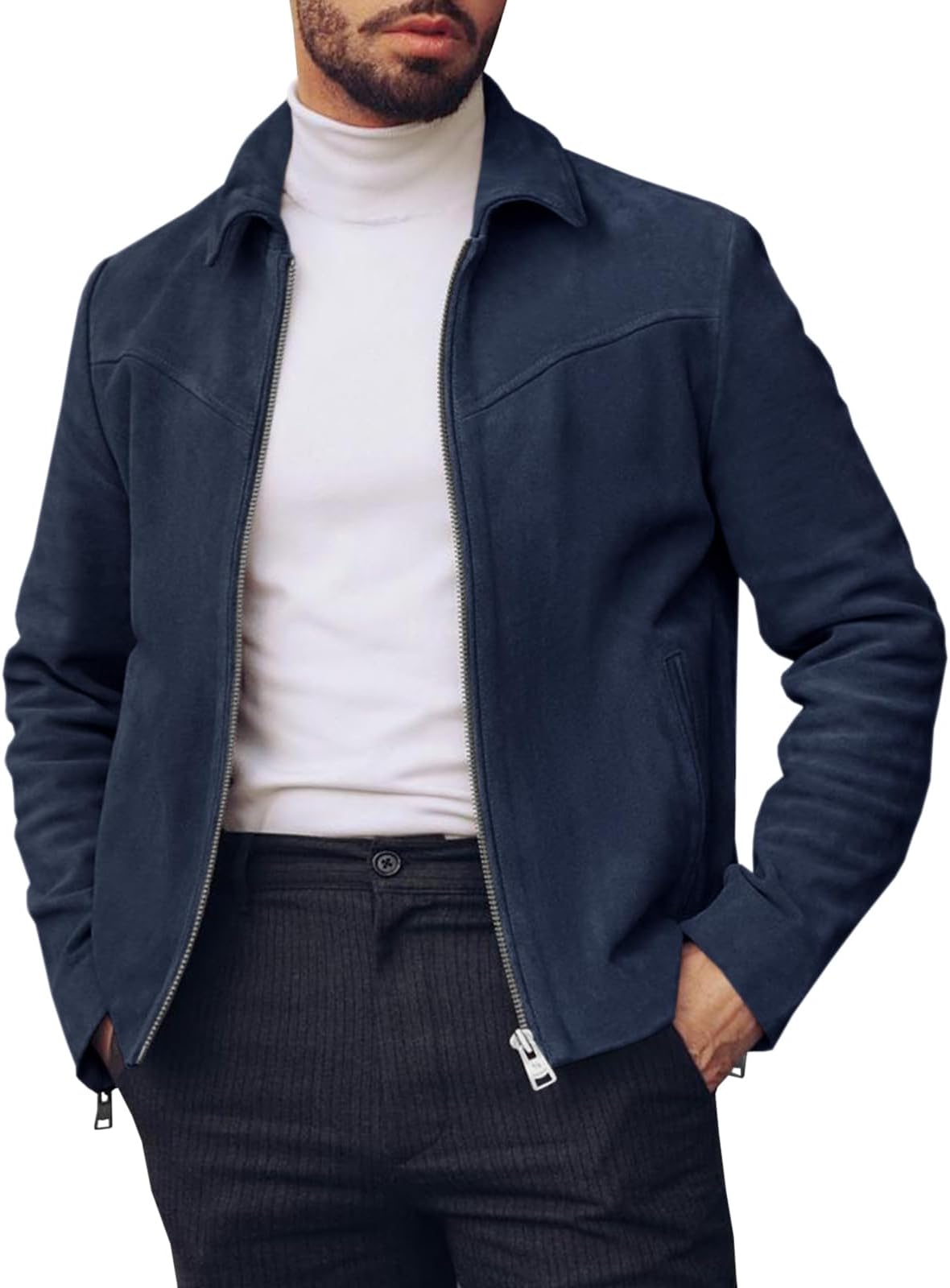 Men's Suede Jacket Full Zip Casual Vintage Jackets Lightweight Classic Trucker Coat