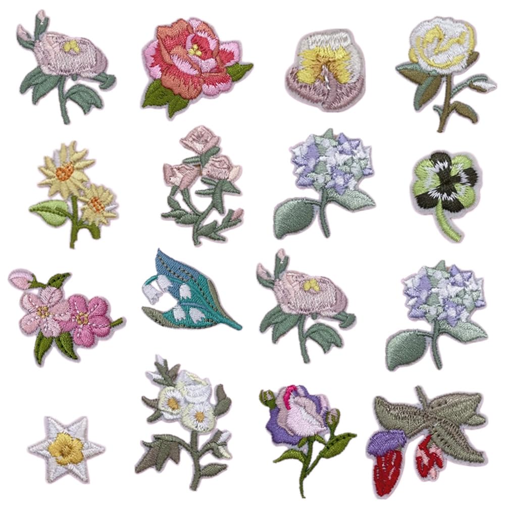 Floral Embroidered SewIron On Patch 16 Pcs,Mixed Flower Fabric Appliques